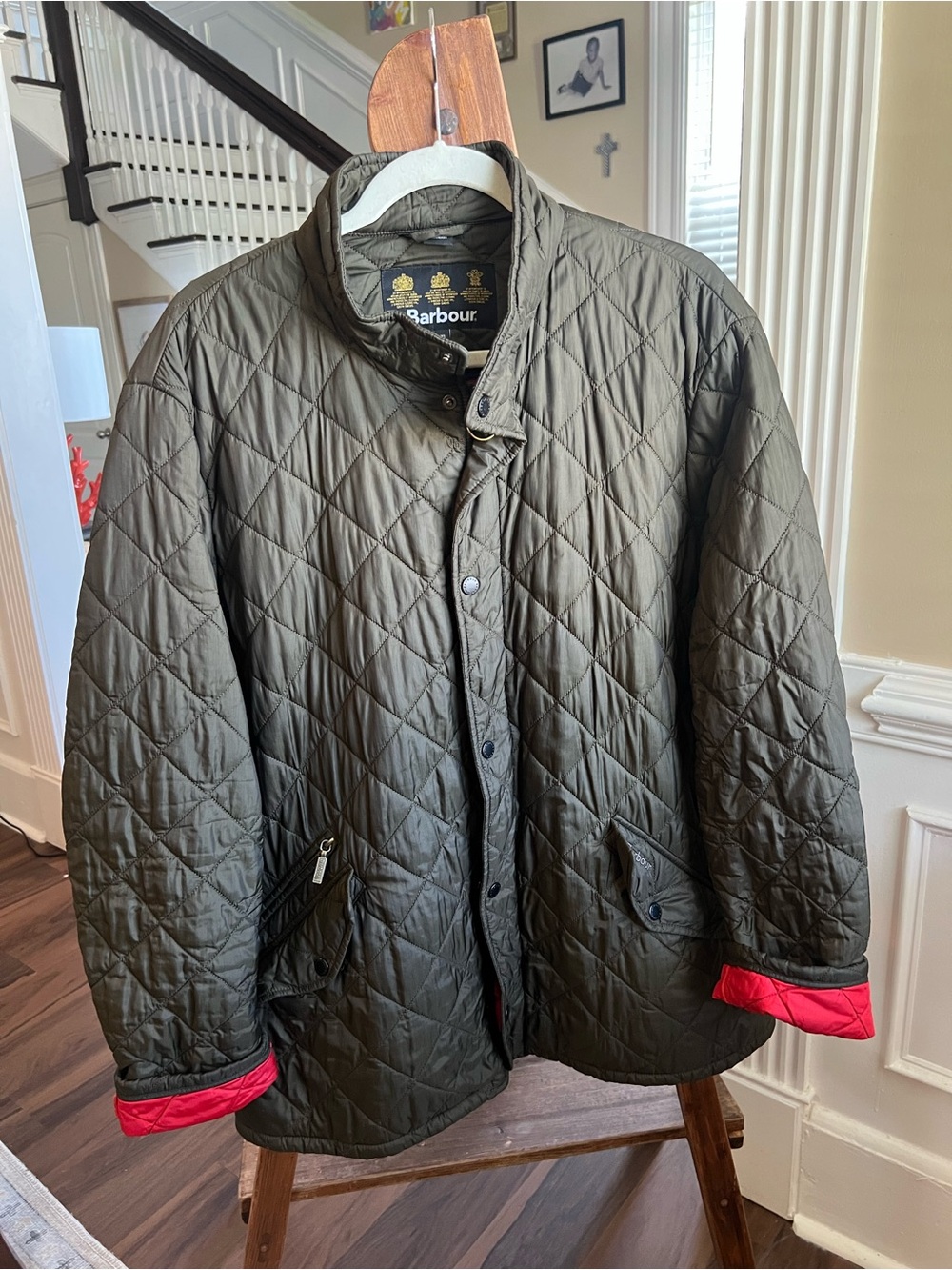 Barbour Olive Quilted Jacket with Red Cuff Accents
